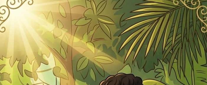 Golden morning light streaming through palm and forest leaves.