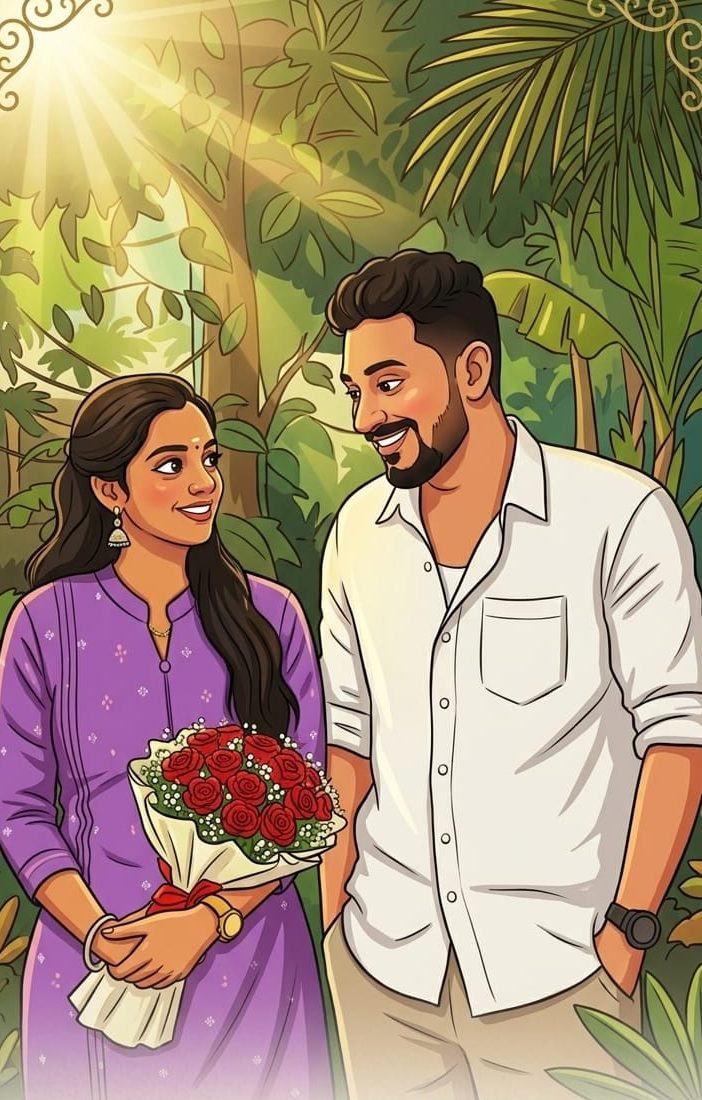 Illustrated portrait of Anjana in a lavender kurta holding a bouquet of red roses, smiling at Sravan in a white shirt, beneath a sunlit green canopy.