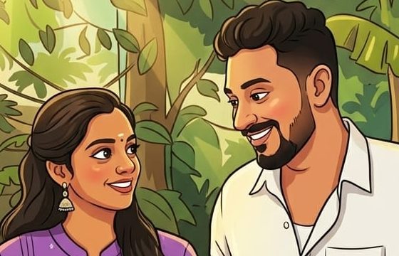 Close illustration of Anjana and Sravan smiling at each other among tropical leaves.